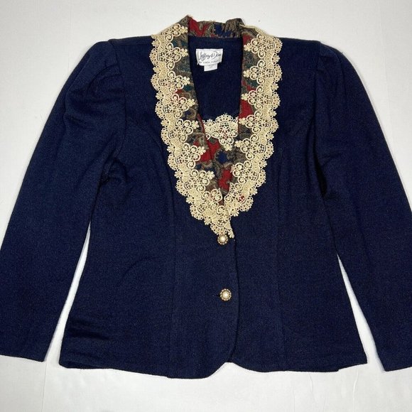 Vtg Jeffrey and Dara Women's Sz 9/10 Blue and Paisley Blazer Jacket Lace Collar - Picture 4 of 12